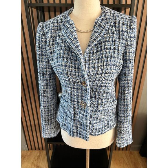 Zara Blue Blazer Tweed Jacket size small top button missing stylish work blazer - Picture 1 of 6
